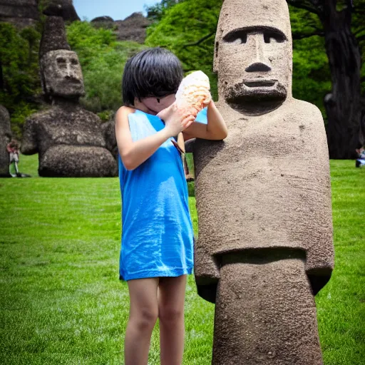 Image similar to a very disgusted and crying kid holding and looking an ice cream cone with a small moai statue in the cone, 4 k photograph