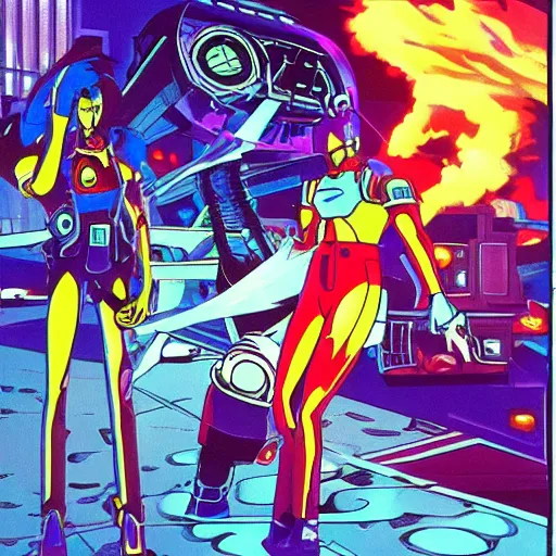 Prompt: 80s anime, dark neon city. laser gun battle on open space. futuristic cars lay in flames, destroyed robot dogs remains, beautiful girl in spandex suit holding large futuristic plasma rifle