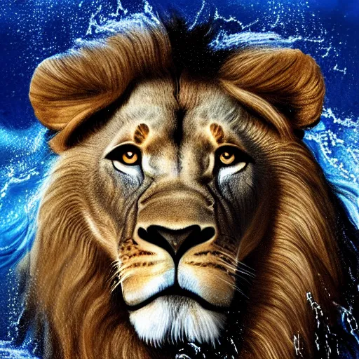 Image similar to a male lion's face breaching through a wall of water, headshot, water sprites, splashing, deep blue ocean, highly detailed, realistic digital art, trending on artstation