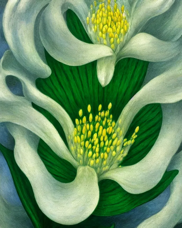 Prompt: achingly beautiful extreme close up painting of one white lily blossom on green background rene magritte, monet, and turner. piranesi. macro lens, symmetry, circular.