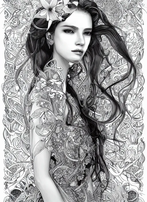 Image similar to the portrait of an unbelievably beautiful, elegant, sensual, and sophisticated young woman, an ultrafine detailed illustration by james jean, intricate linework, bright colors, final fantasy, behance contest winner, vanitas, angular, altermodern, unreal engine 5 highly rendered, ethereal, ominous, detailed and intricate environment