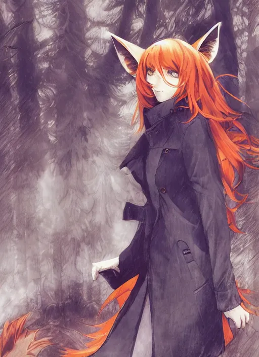 Image similar to illustration by shigenori soejima, girl with fox ears, long wavy orange hair, light brown trenchcoat, forest background, focus on face, pretty, moody lighting, painterly