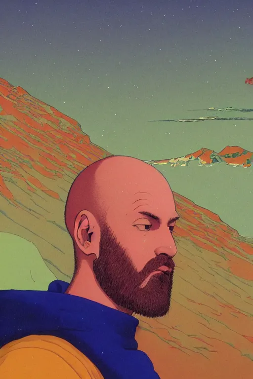 Prompt: a colorful closeup portrait of a young bald man with a wild beard dreaming psychedelic hallucinations while taking lsd blotter acid in the vast icy landscape of antarctica, by kawase hasui, moebius and edward hopper, colorful flat surreal design, hd, 8 k, artstation