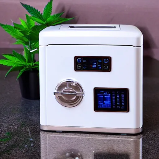 Image similar to cute cannabis home growing cube fully automated, beautifully designed kitchen appliance, modern apartment interior