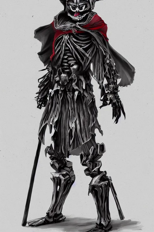 Prompt: a full body shot of a Skeleton warrior by Tomohiro Shimoguchi, red skeleton face,black hood, black heavy armor, wears shorts, highly detailed,artstation,manga