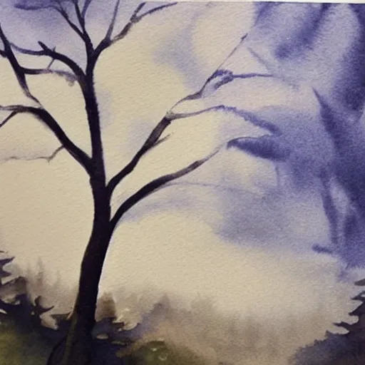 Prompt: This painting has such a feeling of peace and serenity. The tree is so still and calm, despite the wind blowing around it. The moonlight casts a soft glow over everything and the starts seem to be winking at you... watercolor painting, at night