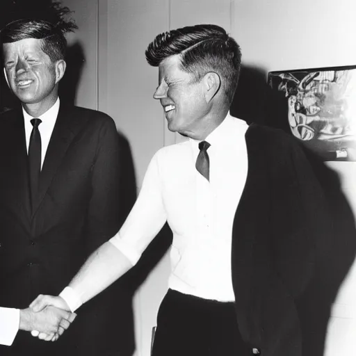 Prompt: black and white photo of president kennedy shaking hands with an alien
