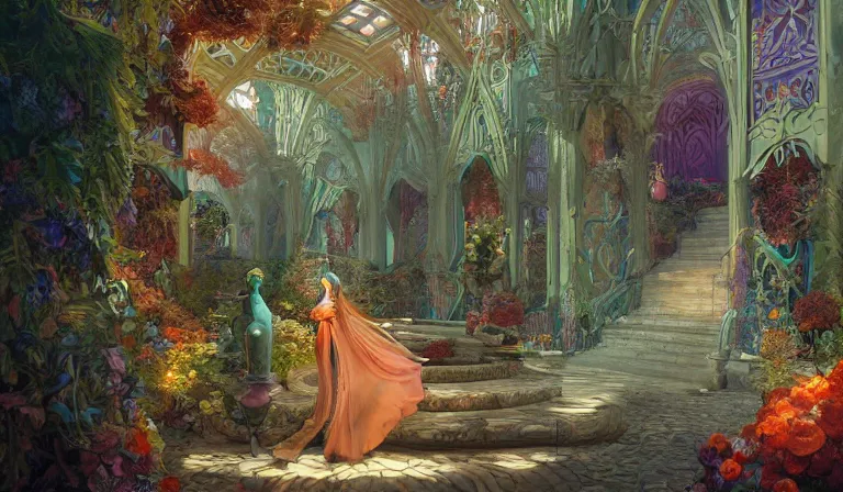 Prompt: dreamlike royal garden fantasycore, glossy painting, Art Nouveau Cosmic 4k Detailed Matte Illustration featured on Getty Images ,CGSociety, Jade and Carrot orange color scheme, Pastiche by Marc Simonetti, Pastiche by Cedric Peyravernay