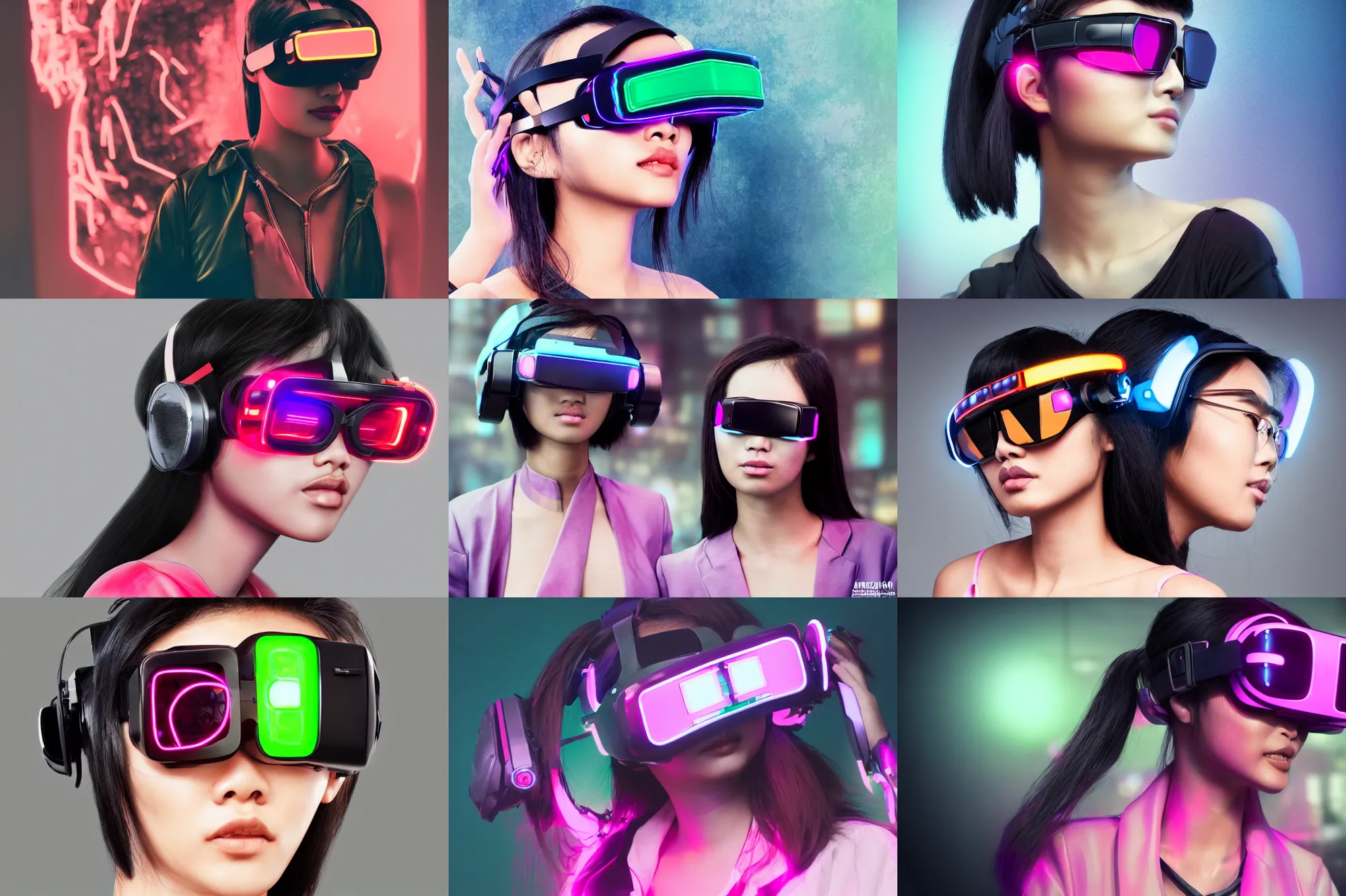 Prompt: beautiful asian woman wearing a cyberpunk vr headset like glasses, neon lenses, thin design, trending on artstation, by dylan kowalski and ndrzej marszalek and andrey gevechanov