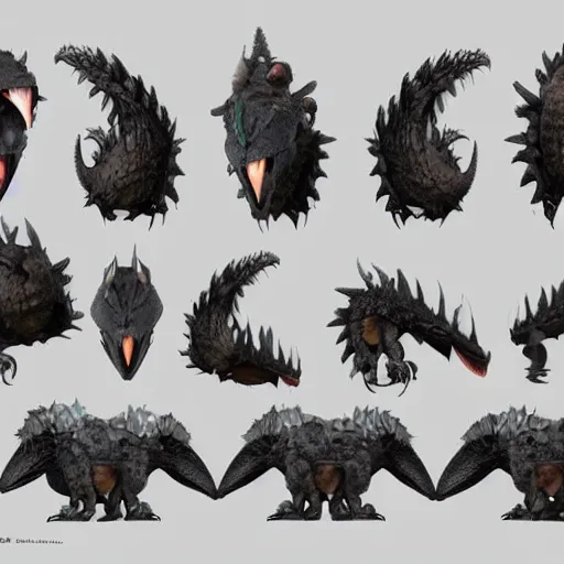 Prompt: extremely detailed, 3d render sheet dark Dragon concept artwork character design by Disney Pixar, in the style of ‘how to train your dragon’, ‘luca’, ‘raya and the last dragon’ etc, high detail, detailed feathers, textures, scales and fur, 3d render