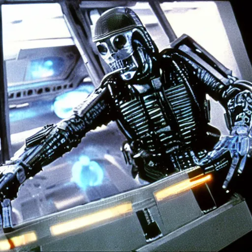 Image similar to movie still, 1 9 8 0 s, harrison ford as armored alien hunter, photorealistic, hyperdetailed, by ridley scott and john carpenter, blue leds