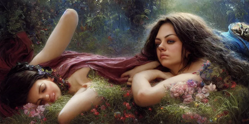 Image similar to Mila Kunis falling asleep, Lilia Alvarado, Sophie Anderson, Mark Arian, Bob Byerley, Charlie Bowater, Mark Brooks, Steve Henderson, Justin Gerard, Arthur Hughes, Edward Robert Hughes, Mark Keathley, Victor Nizovtsev, Carlos Shwabe, Ross Tran, WLOP