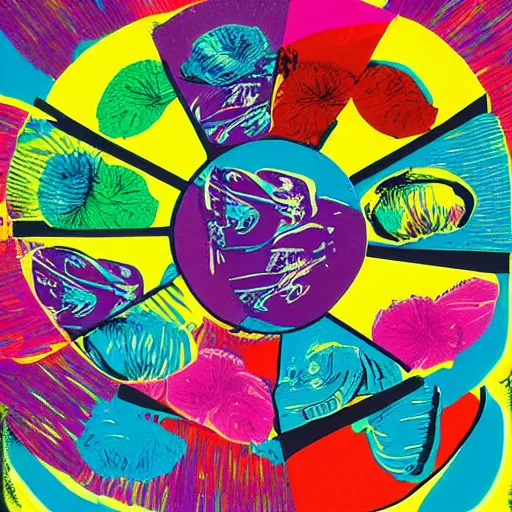 Prompt: dumplings flying through multiverse universe galaxy, popart, vivid colors, by Andy Warhol