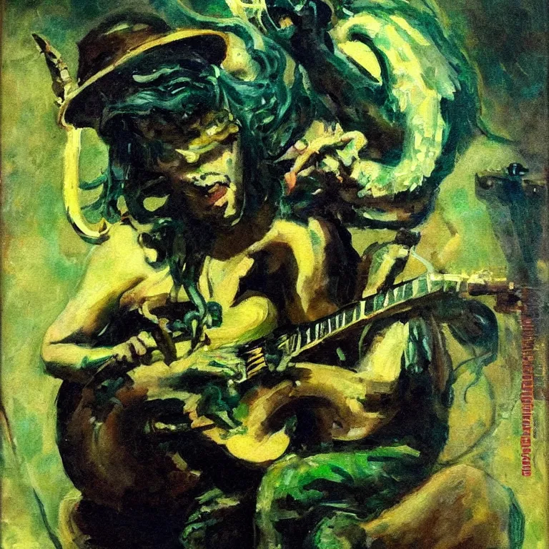 Image similar to a beautiful painting by dean cornwell of an octopus playing drums and telecaster guitar in a rock concert, dark background, green concert light, dark mood