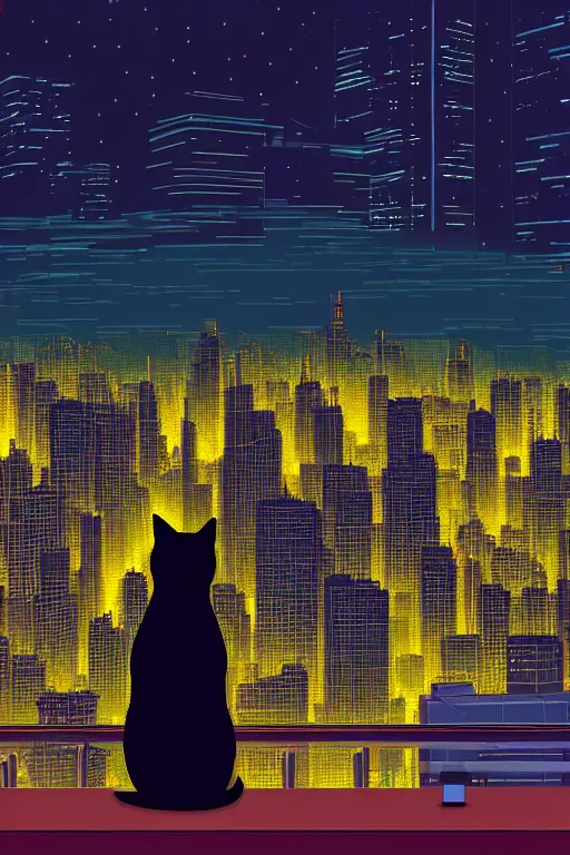 Image similar to cat overlooking bustling downtown city at night, pixel digital artstyle HD