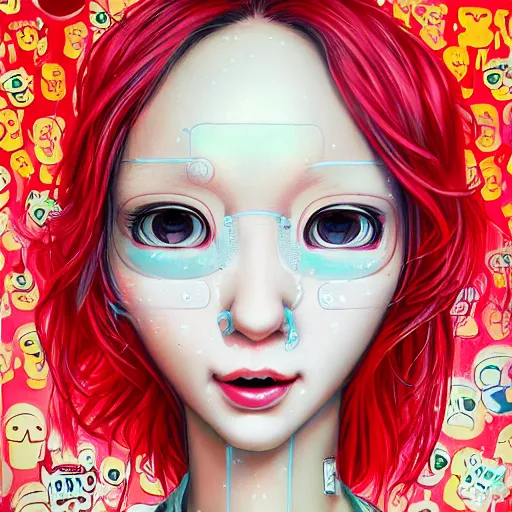 Image similar to a mannequin with a red hair and a smiley face, cyberpunk art by hikari shimoda, featured on cgsociety, pop surrealism, anime aesthetic, high detailed, detailed painting