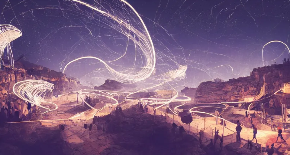 Image similar to night, a lot of people and a spiral - shaped white luminous attractor is floating in grand canyon, concept art, art for the game, professional lighting, art