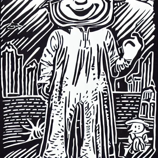 Prompt: linocut of a kid wearing a ghost costume