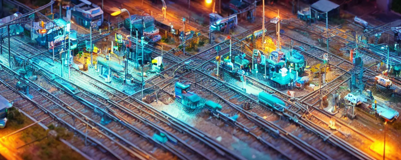 Image similar to mega detailed miniature voxel diorama of futuristic railway junction, modern architecture, tilt shift, industrial lights, by night clean and sterile atmosphere, row of street lamps with cold blue light, several trains nearby, near future 2 0 3 0