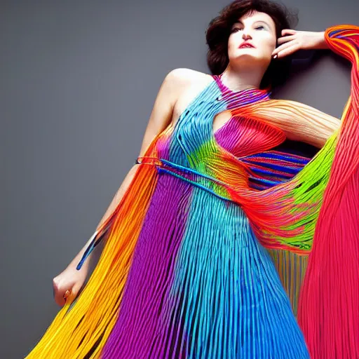 Image similar to woman in a long, flowing dress made of multi-colored wires and cables