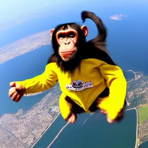 Image similar to a chimp wearing a yellow hoodie is skydiving