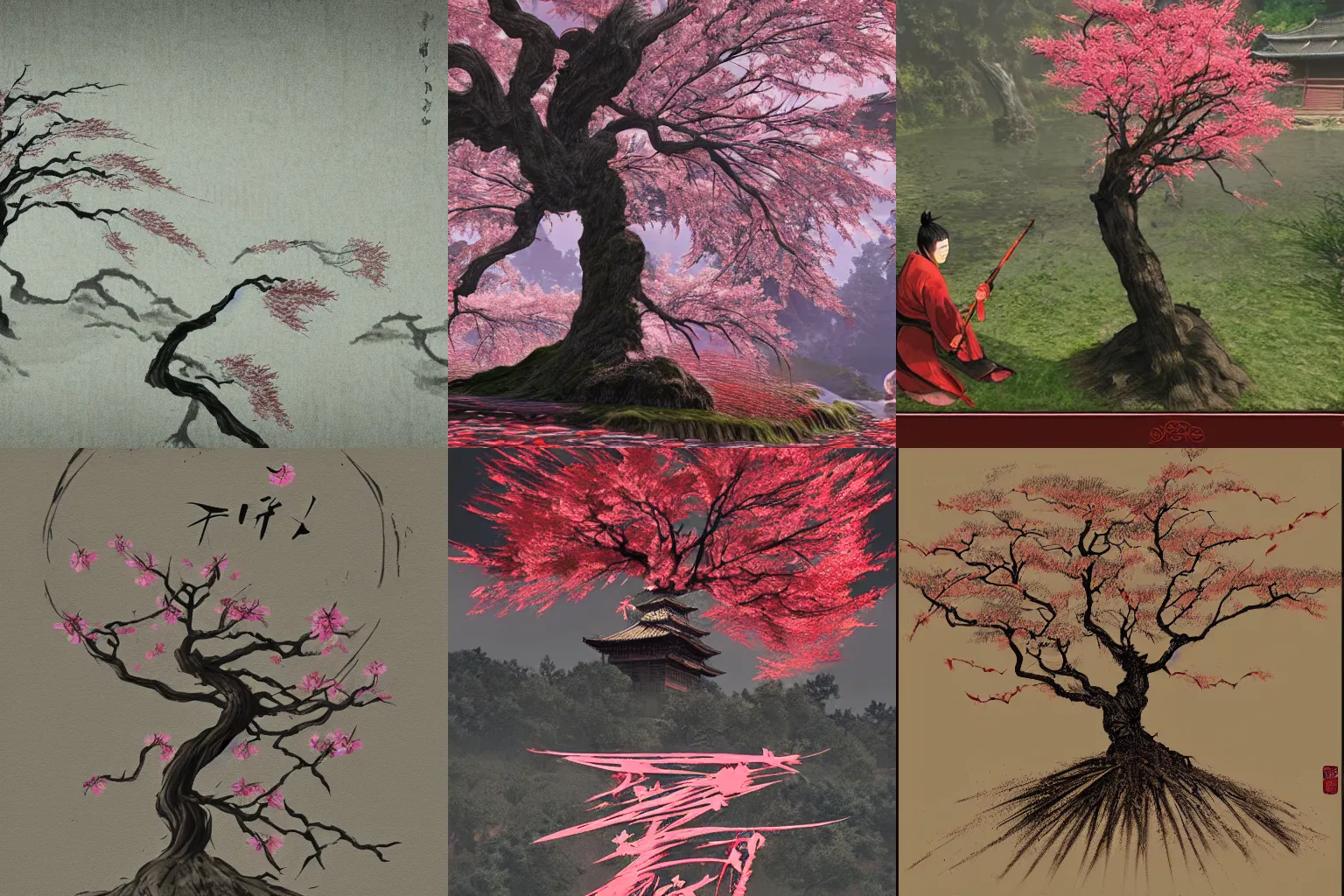 Prompt: Sekiro logo of a sakura tree