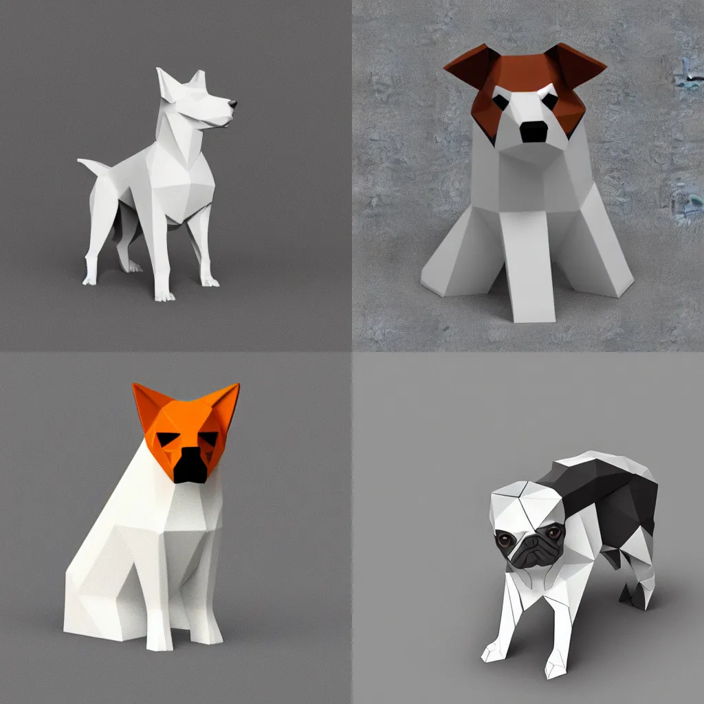 Prompt: Low Polygon render of a dog on a white background, isometric 3d, ultra HD