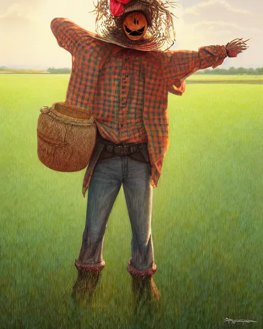 Prompt: a scarecrow using a shirt with an amazing texture, holding a watermellon, patterns on shirts, gentle, posing, watermelon farm, vaporwave, bedroom, highly detailed, digital painting, artstation, concept art, smooth, sharp focus, illustration, art by artgerm and greg rutkowski and alphonse mucha