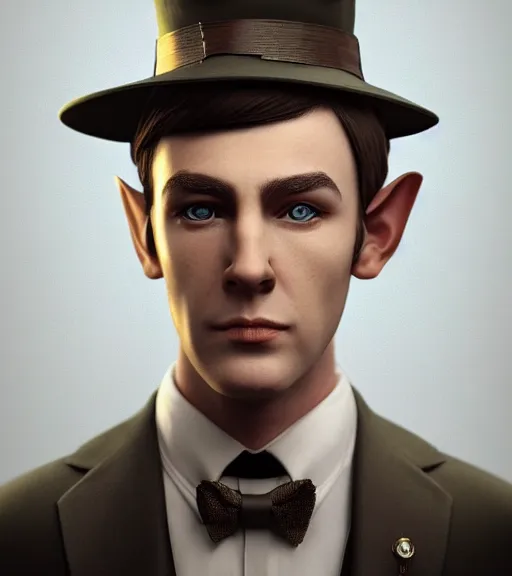 Image similar to an elf in a suit, gatsby hat, detailed portrait, detailed face, perfect lighting hd, 4 k, realistic, photorealistic, octane render