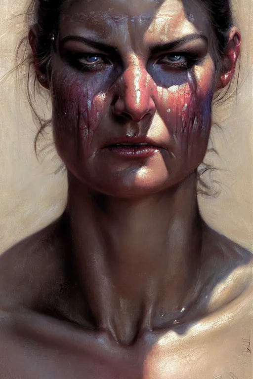 Image similar to muscular sweat spiderwoman,, exhausted face close up, highly detailed painting by gaston bussiere, craig mullins, j. c. leyendecker 8 k