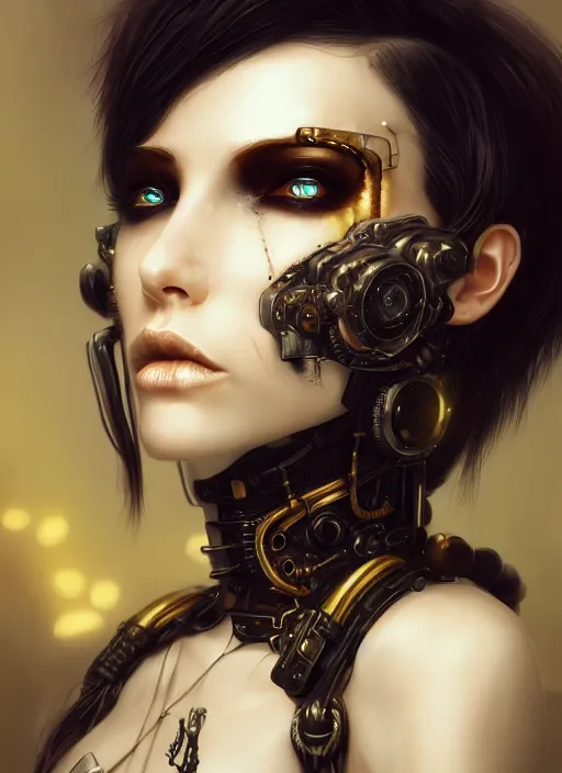 Image similar to soft lustrous ivory ebony biotech raver gutter punk gothic steampunk cyborg, golden ratio, details, scifi, fantasy, cyberpunk, intricate, decadent, highly detailed, digital painting, octane render, artstation, concept art, smooth, sharp focus, illustration, art by artgerm, loish, wlop