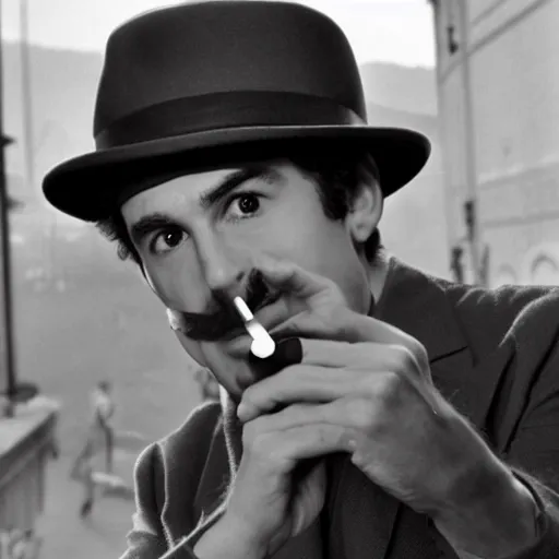 Image similar to realistic photograph of Mario in a hat with an M smoking in a french new wave Godard film aesthetic