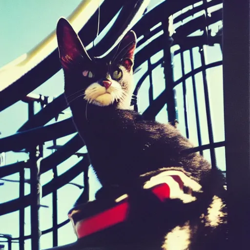 Image similar to black cat chilling on a rollercoaster. focus on cats face. sunlight. polaroid photo. bright colors.