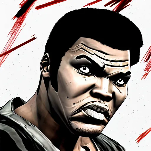 Prompt: [ muhammad ali ] cel - shaded like borderlands in the style ( gta poster art ) by andreas rocha and greg manchess 8 k character portrait