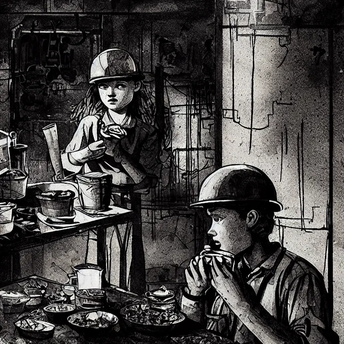 Image similar to sadie sink as a coal miner : sits at a table, eats bread. inside a dirty automated kiosk. bright tasty food options displayed on a wall. black tiles on walls. black and white, pencil and ink. by gabriel hardman, joe alves, chris bonura. cinematic atmosphere, detailed and intricate, perfect anatomy