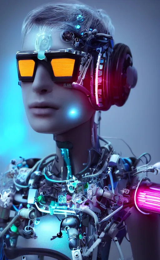 Prompt: a beautiful!! photo of a bionic!! teenager!!, cyberpunk, augmented vision, electronic components, volumetric light, photography, extremely detailed, photorealistic!, stunning, digital art trending on artstation, orange, cyan, washed out colors