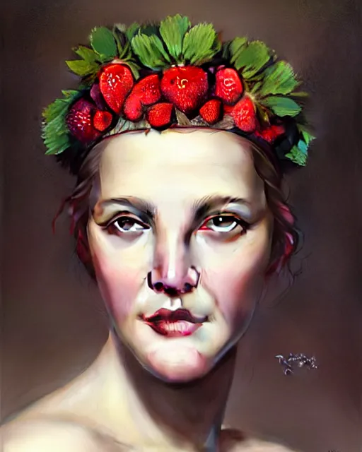 Image similar to beauty portrait, drew barrymore, strawberries, headgear leaves, wild berries, by tom bagshaw, greg rutkowski, ilya kuvshinov, craig mullins, intricate background