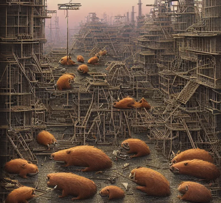 Prompt: photography hyperrealism concept art of highly detailed anthropomorphic beavers builders that building highly detailed futuristic city with sticks by hasui kawase and scott listfield sci - fi style hyperrealism