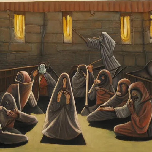 Image similar to several hooded disciples in purge masks, gathered in a brutalist courtyard, performing incantations over a fire in a barrel, by PJ Crook, oil on canvas