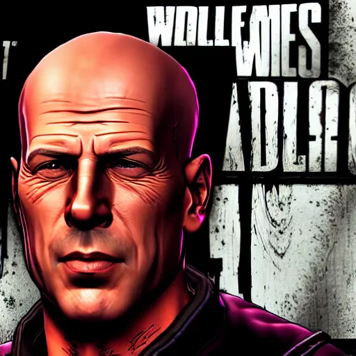 Image similar to bruce willis portrait, borderlands, tales from the borderlands, the wolf among us, comic, cinematic lighting, studio quality, 8 k