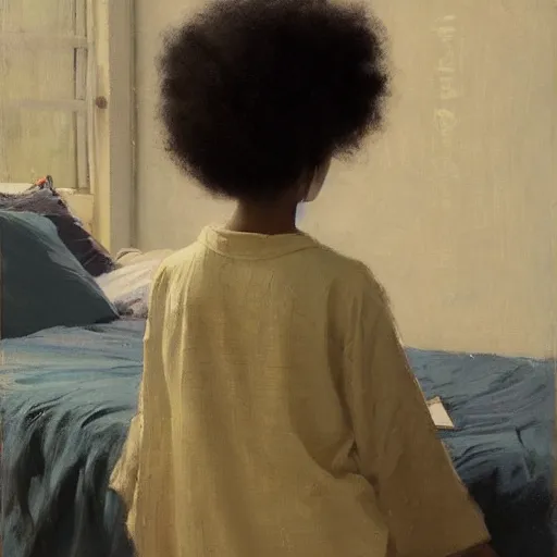 Prompt: girl with afro with a comb in it, in kimono, backview, sitting on edge of bed, reading a book, by jeremy lipking, tim rees, joseph todorovitch