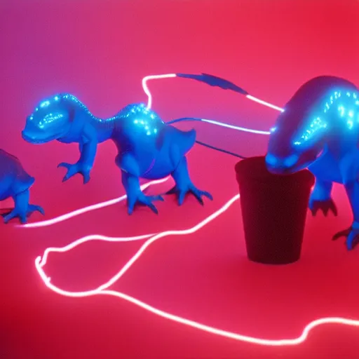 Prompt: electric blue glowing baby dinosaurs in tron movie, cinestill