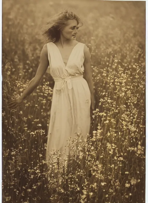 Image similar to a woman in a long flowing white dress in a field of wildflowers in the afternoon, flash polaroid photo by george hurrell, hazy light rays, golden hour