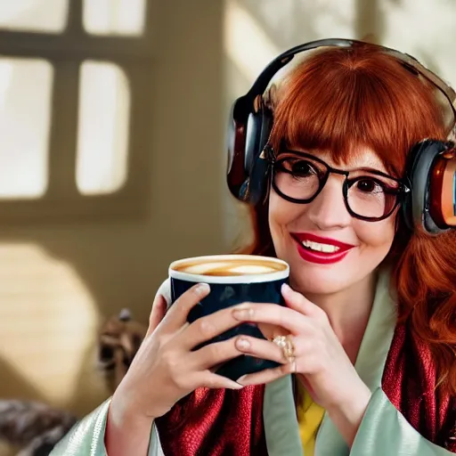 Image similar to a stunning hyper-detailed closeup portrait photo of a beautiful smiling bespectacled woman with long auburn hair and bangs, wearing a luxurious robe, wearing steampunk headphones and posing with her raccoons and parrots in an overstuffed easy chair in her sunlit living room, holding a coffee cup and a donut and smoking an elaborate hookah, perfect eyes, octane render, unreal engine, 85 mm lens,