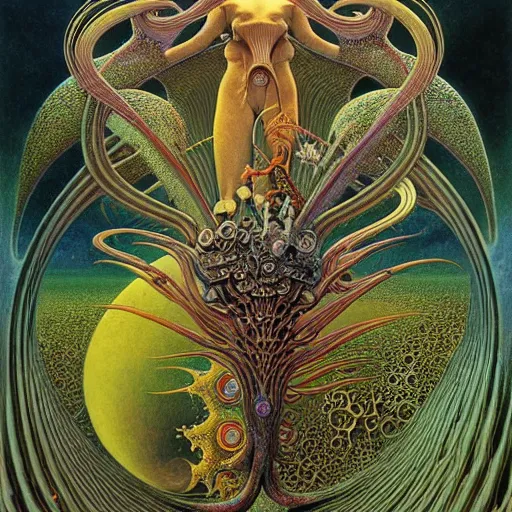 Image similar to divine chaos engine by roger dean and andrew ferez, symbolist, visionary, art forms of nature by ernst haeckel, m. w. kaluta