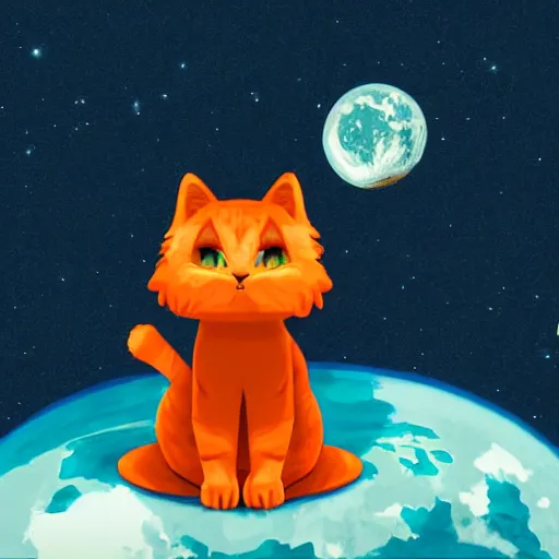 Prompt: A fuzzy orange cat sitting on planet earth, space with stars in the background, digital art, matte art, trending on artststion and unreal engine, deviant art