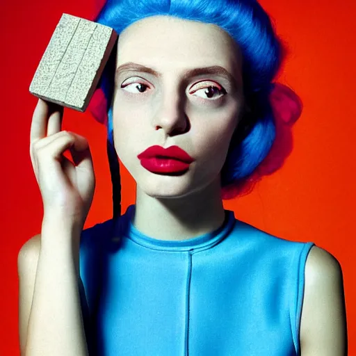 Prompt: a studio close - up portrait of a beautiful fashion model holding a brick to her ear. surreal photograph, lo - fi, polished look, silly and serious, hermes ad, fashion photography, toiletpaper magazine by pierpaolo ferrari and maurizio cattelan, 3 5 mm photograph, colourful, by pierpaolo ferrari, maurizio cattelan, david lachapelle