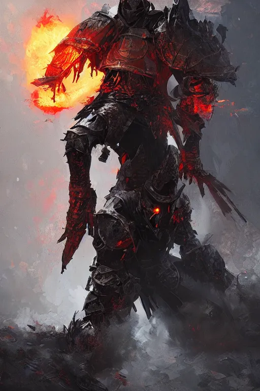 Prompt: an undead knight, flaming, burnt armor, dark, high detail, gritty texture, Artstation, Ruan Jia
