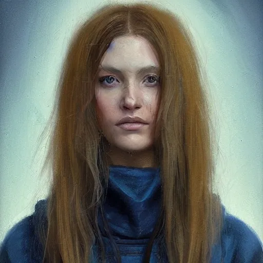 Image similar to Portrait of a woman by Greg Rutkowski, she is about 30 years old, pretty, blond hair with two strans around her face, slavic features, melancholic gaze, pretty aquiline nose, she is wearing a blue utilitarian jumpsuit, highly detailed portrait, digital painting, artstation, concept art, smooth, sharp foccus ilustration, Artstation HQ.