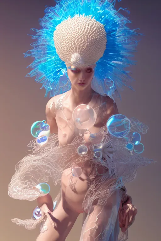 Image similar to an epic puerto rican non - binary model, subject made of white melting porcelain, mesh headdress, flowing dress, with cerulean and pastel pink bubbles bursting out, delicate, beautiful, intricate, melting into vulpix, houdini sidefx, by jeremy mann and ilya kuvshinov, jamie hewlett and ayami kojima, bold 3 d